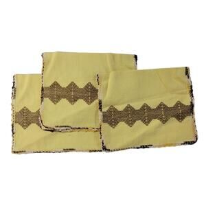 🍋 Vintage  Set of 3 Yellow Brown Woven Fabric Napkins Retro Boho Kitchen Decor
